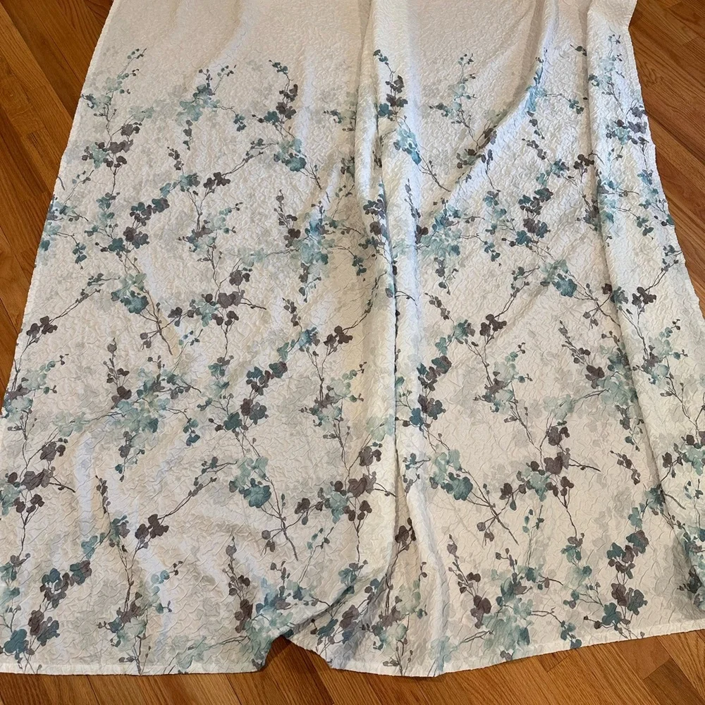 DNKY Shower Curtain, grey and teal green on white, button hole top neat hanging